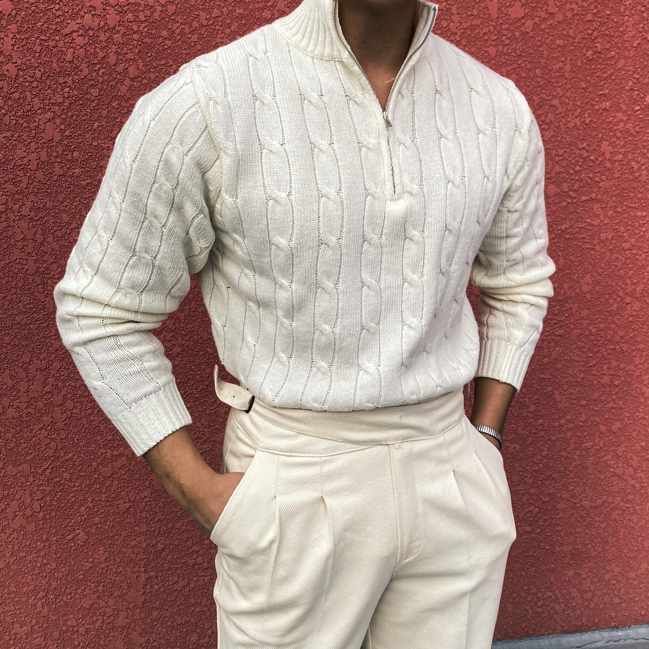 Pull d’Hiver à Manches Longues en Maille Torsadée à Demi-Zip pour Homme | Pull Classique et Chaud