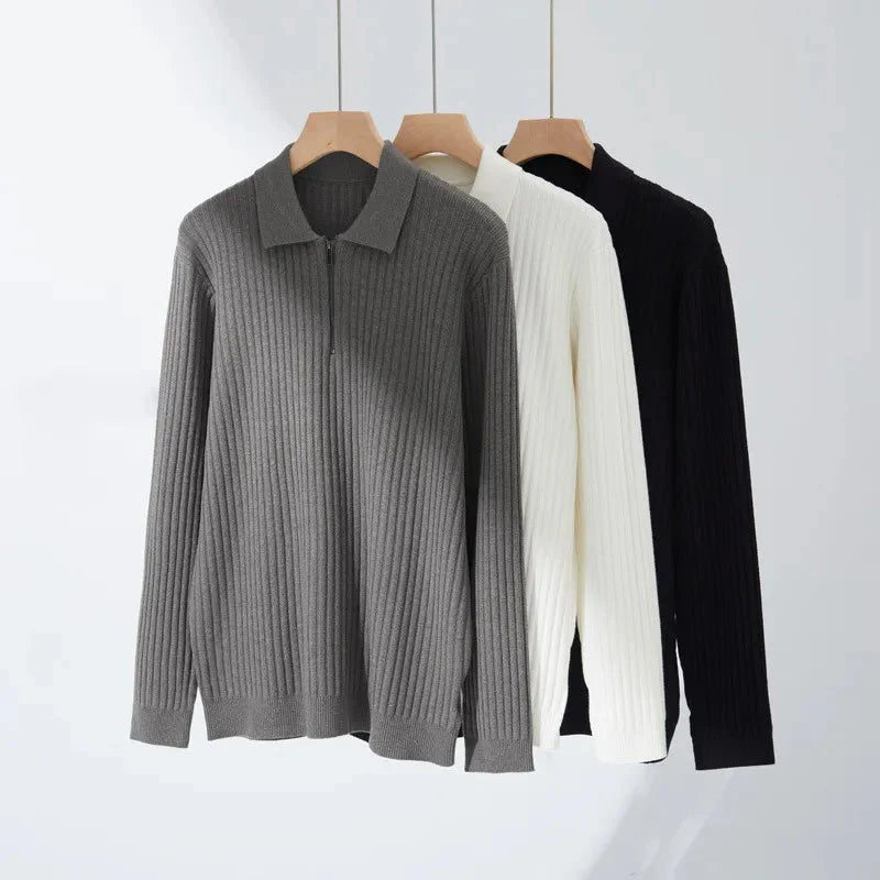 Pull à Col Rabattu en Maille Côtelée à Demi-Zip pour Homme | Pull d’Hiver Chaud